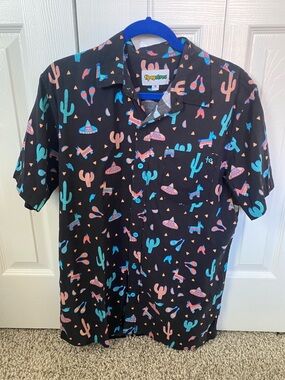 Tipsy Elves Black Short-Sleeve Button-Up with Teal & Pink Fiesta Print